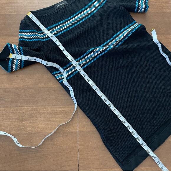 St. John | Women’s Black & Blue Knit Blouse Top Striped Colorblock Short Sleeve - Picture 6 of 8
